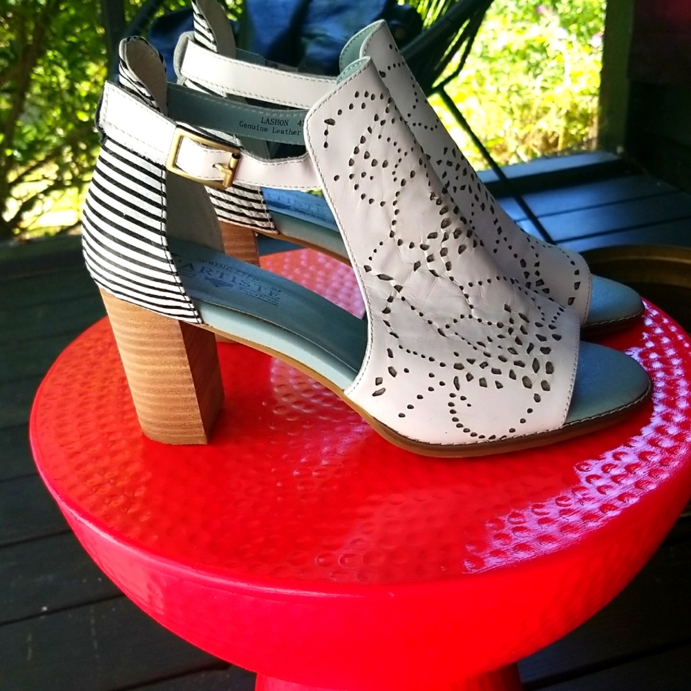 42 size, or 10.5 leather open toe shoes with 3.5 in heel